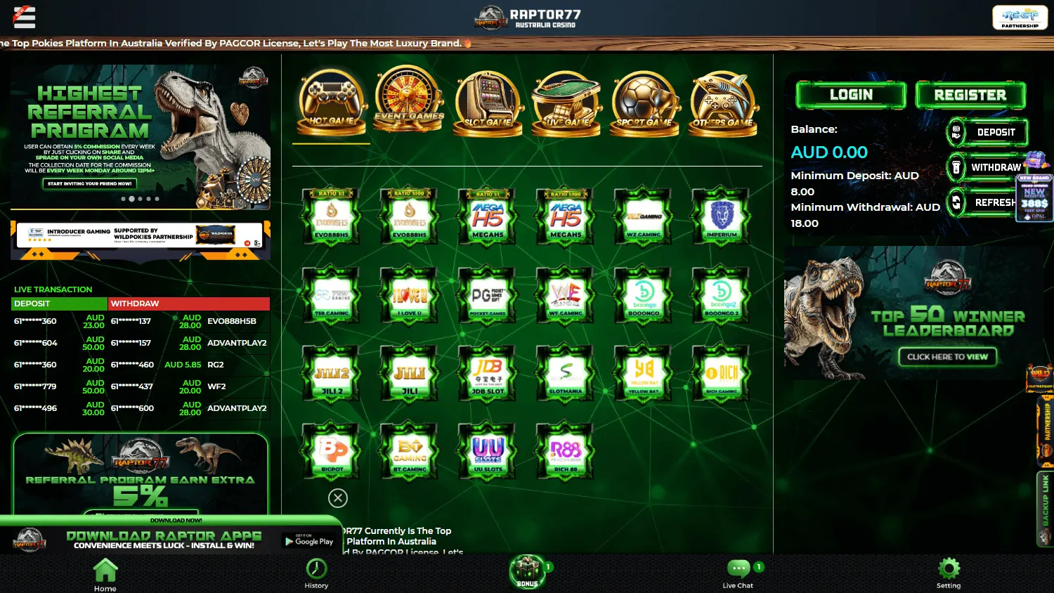 Raptor77 Casino desktop promotions with welcome offers, free spins and VIP rewards