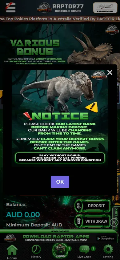 Raptor77 Casino mobile interface with balance, deposits, withdrawals and support