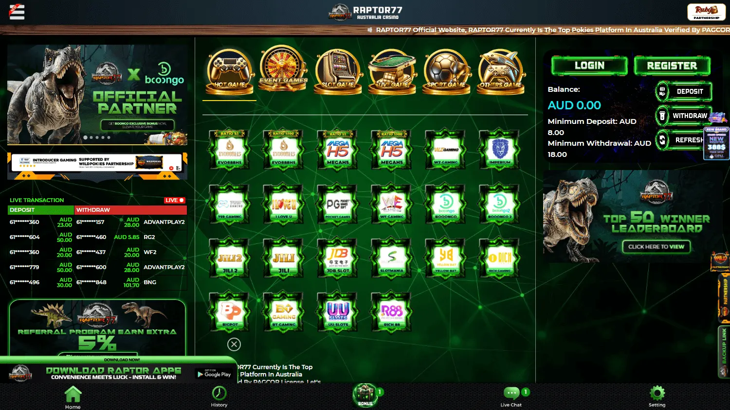 Raptor77 Casino desktop home with pokies, live games and AUD account features