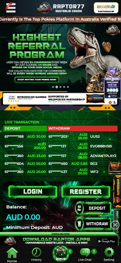 Raptor77 Casino mobile promotions with bonus, free spins and cashback details